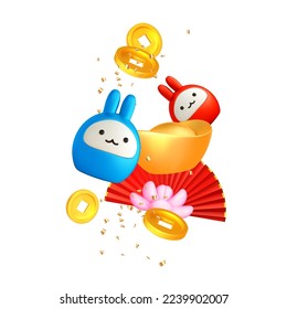 3d set chinese design elements. Chine gold ingot, lunar rabbit, asian fans for chinese new year. Asian spring festival icon. Vector cartoon illustrarion