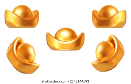 3d conjunto de lingote de oro chino Yuan Bao. Elemento de diseño para el año Nuevo chino. Estilo de dibujos animados. Ilustración vectorial de stock sobre fondo aislado.