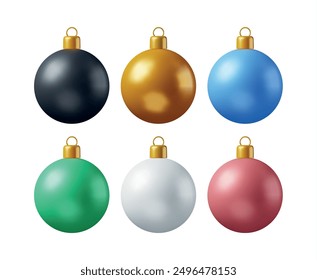 3D Set of Christmas Balls with Golden Clamp Isolated. Render Glass Christmas Tree Toy. Happy New Year Decoration. Merry Christmas Holiday. New Year and Xmas Celebration. Realistic Vector Illustration