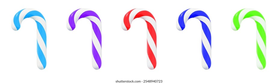 3d Set  Christmas candy, lollipop, stick. Blue, purple,red and green colors. Stock vector illustration on isolated background.