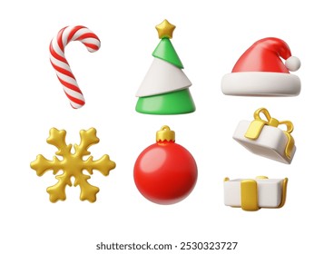 3D-Set von Weihnachtssymbolen. Weihnachtsmütze, Weihnachtsbaum, Geschenkbox, Schneeflocke, Zuckerrohr und Glaskugel. Rendern. Frohes neues Jahr. Dekorative Ferienelemente. Kollektion. Vektorgrafik.