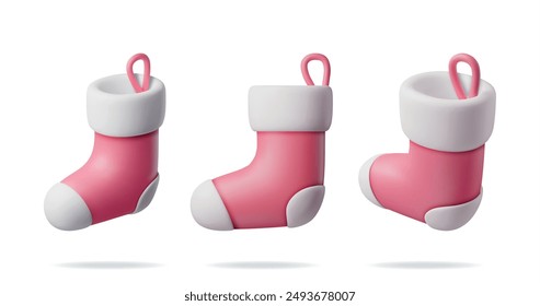 3D Set of Christmas Stocking, Red Sock Isolated. RenderCollection of Christmas Cloth Socks. Hanging Holiday Decorations for Gifts. New Year and Xmas Celebration. Realistic Vector Illustration