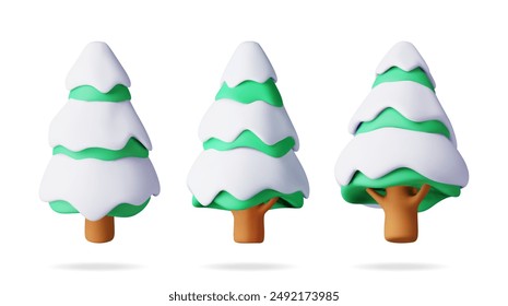 Conjunto 3D de árbol de navidad aislado. Icono de árbol perenne, colección de abeto. Tarjeta de felicitación, cartel festivo, elemento de invitaciones de fiesta. Navidades y año nuevo. Ilustración vectorial de dibujos animados