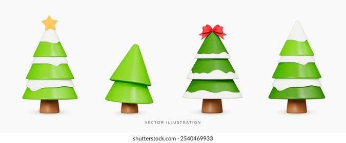 3D Conjunto de árboles de Navidad con nieve y Elementos decorativos. Estrella dorada y lazo rojo. Colección de objetos de vacaciones. Año Nuevo y pino de Navidad. Iconos de diseño creativo de dibujos animados. Ilustración vectorial 3D