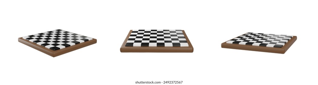 3d set of classic empty wooden chess boards from different angles. Isometric. Board game. Logical strategy. Competition. Vector illustration isolated on white background.