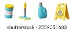 3D set of cleaning tools. Render collection of cleaning accessories and housekeeping equipment. Bottles of detergent, wet floor caution sign and mop. Realistic vector illustrations isolated