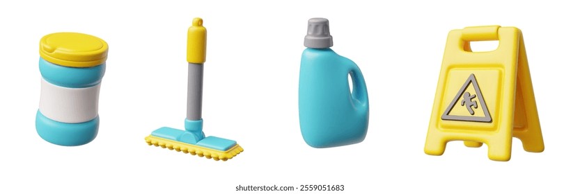 3D set of cleaning tools. Render collection of cleaning accessories and housekeeping equipment. Bottles of detergent, wet floor caution sign and mop. Realistic vector illustrations isolated