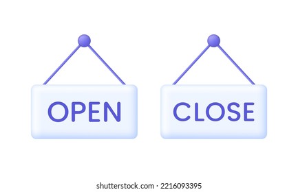 3D Set of Close and Open icon. Close or Open door. Signboard with text. Shop sign. Trendy and modern vector in 3d style.