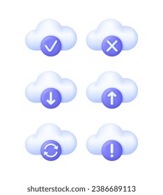 3D Set of Cloud Computing icon. Download, upload, synchronization, correct, incorrect, important notice concept. Data Center, Cloud Storage Concept. Internet Archive. Modern vector in 3d style.
