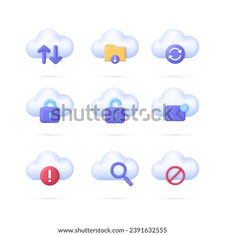 3D Set of Cloud Computing icons. Download, upload, synchronization, safety, search, important notice concept. Data Center, Cloud Storage Concept. Internet Archive. Modern vector in 3d style.