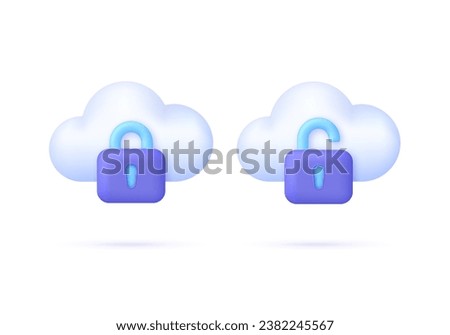 3D Set of Cloud Protection. Cloud security concept. Open and closed padlock. Data storage. Technology concept. Trendy and modern vector in 3d style.
