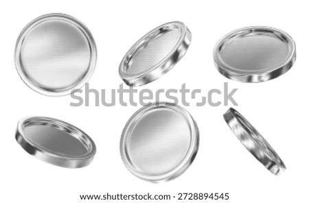 3D set coins with halftone effect and different angles. Black and white colors. Stock vector illustration on isolated background.