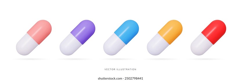 3D Set of color medical pills. Oval capsule shaped tablets. Vitamins and antibiotics for health. Healthcare and medicine. Pharmacy drug. Cartoon icons isolated on white. 3D Vector illustration
