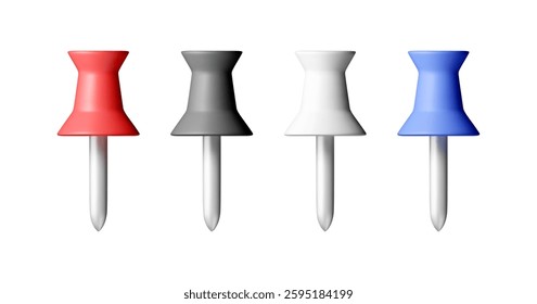 3D set of color push pins isolated on white. Render plastic pushpin, thumbtack. Tools for education and work. Stationery and office supply. Vector illustration