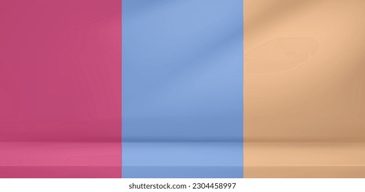 3d set color stage table studio background for product presentation. Corner pink, blue and beige room, light empty wall. Abstract minimal showroom. Vector illustratio