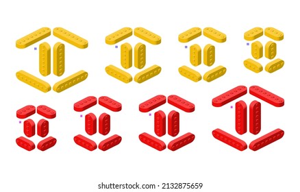 3d set of colored constructor kit in isometry. Rounded long bricks in different colors. Vector clipart.