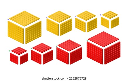 3d set of colored constructor kit in isometry. Square elements of different sizes. Vector clipart.