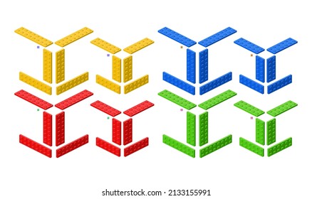 3d set of colored constructor kit in isometry. Different elements. Vector illustration.