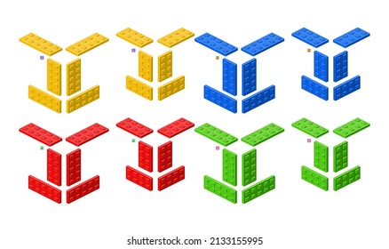 3d set of colored constructor kit in isometry. Blocks. Vector illustration.