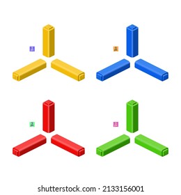 3d set of colored constructor kit in isometry. Sticks. Vector illustration.