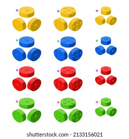 3d set of colored constructor kit in isometry. Cylindrical elements. Vector illustration.