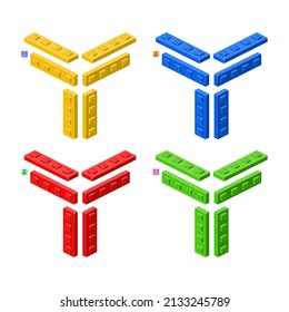 3d set of colored constructor kit in isometry. long elements. Vector clipart.