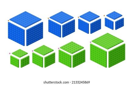 3d set of colored constructor kit in isometry. Square elements in different colors. Vector clipart.