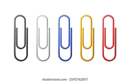 3D set of colored paper clips isolated on white. Render collection of paperclip icons. Tools for education and work. Stationery and office supply. Vector illustration