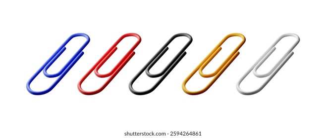 3D set of colored paper clips isolated on white. Render collection of paperclip icons. Tools for education and work. Stationery and office supply. Vector illustration