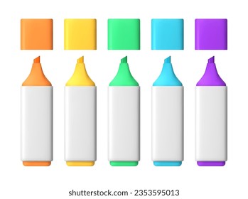 3d set of colored pen markers. Different shades of vector mock-up objects on a white isolated background. Diary or notepad tool. Realistic render.