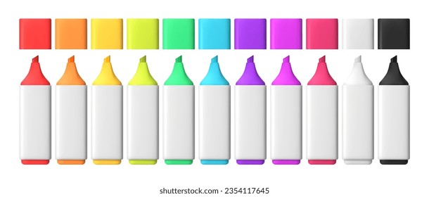 3d set of colored pen markers. Different shades of vector mock-up objects on a white isolated background. Diary or notepad tool. Realistic render.