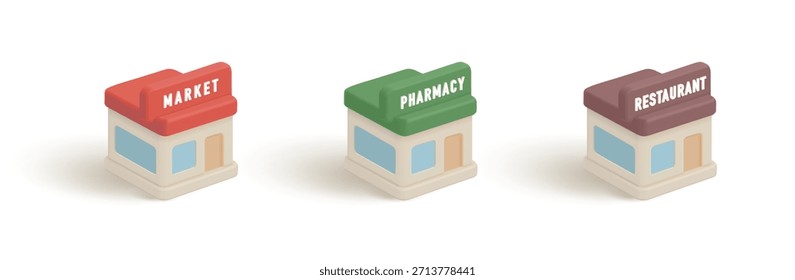 Conjunto 3D de escaparates de colores, farmacias, restaurantes. Iconos minimalistas sobre fondo blanco. Para los negocios, conceptos de servicio. Ilustración vectorial.