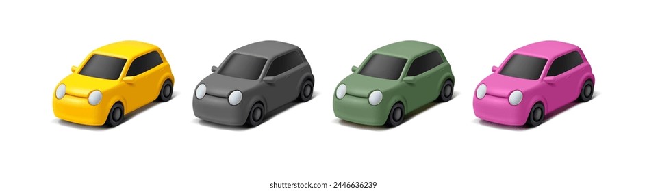 Conjunto 3D de coches modernos coloridos, isométricos. Para el diseño de conceptos de servicios de transporte, entrega de alimentos, compra y mantenimiento de automóviles, estilo de vida. Vector