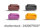 3D set of colorful modern sofas. For the office, home, waiting area, and customer service design concepts. Comfortable rest. Interior design. Vector