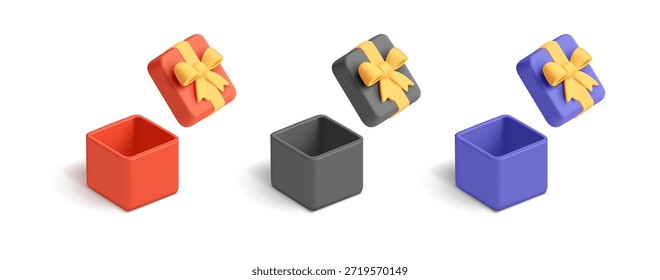 Conjunto 3D de coloridas cajas vacías de regalo abiertas con arcos amarillos. Para conceptos de vacaciones y regalos. Regalos sobre fondo blanco. Ilustración vectorial.