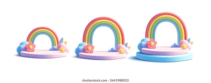 3D set of colorful rainbows with empty podiums of pink and blue colors, flowers, clouds, and leaves. For concepts of advertising, discounts, and special offers. Vector illustration.