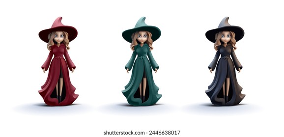 Conjunto 3D de brujas jóvenes coloridas, brujas en hermosos trajes y sombreros. Para conceptos de diseño de productos para niños, celebraciones mágicas, productos promocionales. Vector