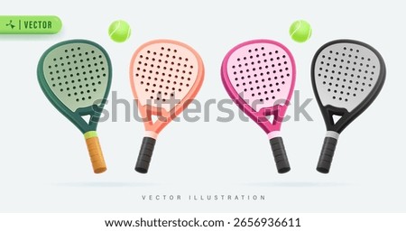 3D Set Colorfull Realistic Padel Racket with Ball Vector Illustration