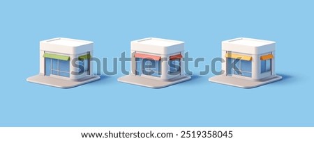 3D set of commercial real estate buildings, shops, restaurants, cafes, hairdressers. Icons. Realistic image for advertising big and small businesses. Front view. Vector