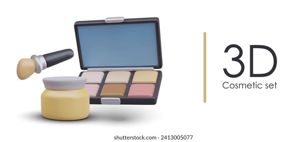 3D set of cosmetics. Eye shadow palette, brush, jar with cream. Daily care and makeup. Vector concept in cute style. Empty mirror, place for price, text, link button