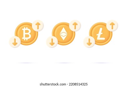 3D Set of Cost of coin with arrow down and up. loss or growth. Icon of exchange of currency. Trendy and modern vector in 3d style.