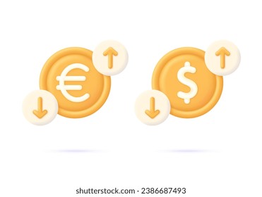 3D Set of cost of euro and dollar with arrow down and up. Economy crisis or economy growth. loss or growth. Icon of exchange of currency. Trendy vector in 3d style.