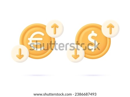 3D Set of cost of euro and dollar with arrow down and up. Economy crisis or economy growth. loss or growth. Icon of exchange of currency. Trendy vector in 3d style.