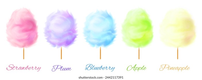 3D set of cotton candy fruit flavors. Pineapple, Blueberry, Apple, Plum, Strawberry. Vector illustration isolated on white background.