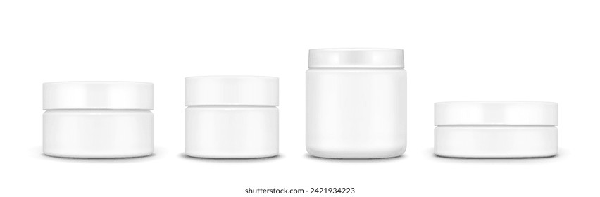 3D set of cream jars isolated on white. Vector realistic illustration of cosmetic container mockups, plastic or glass packaging for skin care product covered with lid, blank space for branding