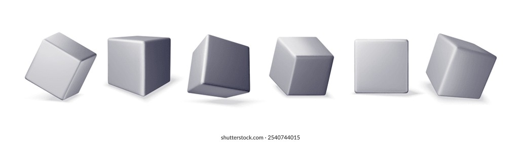 Conjunto 3D de iconos de cubo con sombra aislada en blanco. Render cajas cuadradas de metal colección diferentes proyecciones. Formas geométricas, cuadradas, símbolos de arte. Ilustración vectorial