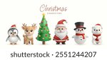 A 3D set of cute Christmas characters, including Santa Claus, a snowman, reindeer, penguin, and polar bear, all in festive red and white. Cartoon style, smiling, isolated holiday icons. Not AI.