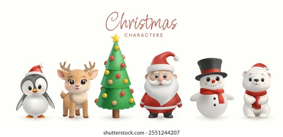 A 3D set of cute Christmas characters, including Santa Claus, a snowman, reindeer, penguin, and polar bear, all in festive red and white. Cartoon style, smiling, isolated holiday icons. Not AI.