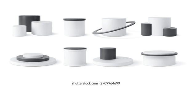 Um conjunto 3D de pódios geométricos cilíndricos, preto e branco, de várias formas. Exposição do produto, suporte do prêmio, plataforma do vencedor. Pedestais minimalistas de estúdio. Ilustração vetorial realista.