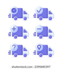 Iconos de 3D Set of Delivery Truck. Ubicación, pregunta, añadir, eliminar, comprobar, concepto de tiempo. Entrega rápida, envío, icono de camión, movimiento rápido. Concepto de entrega rápida. Vector moderno y de moda en estilo 3d.